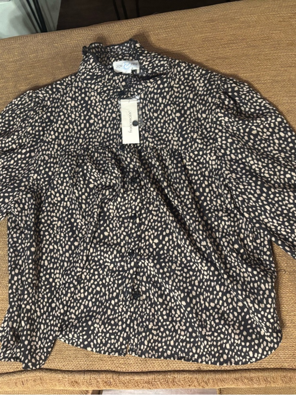 Francesca's Black Blouse with Cream Spot Print